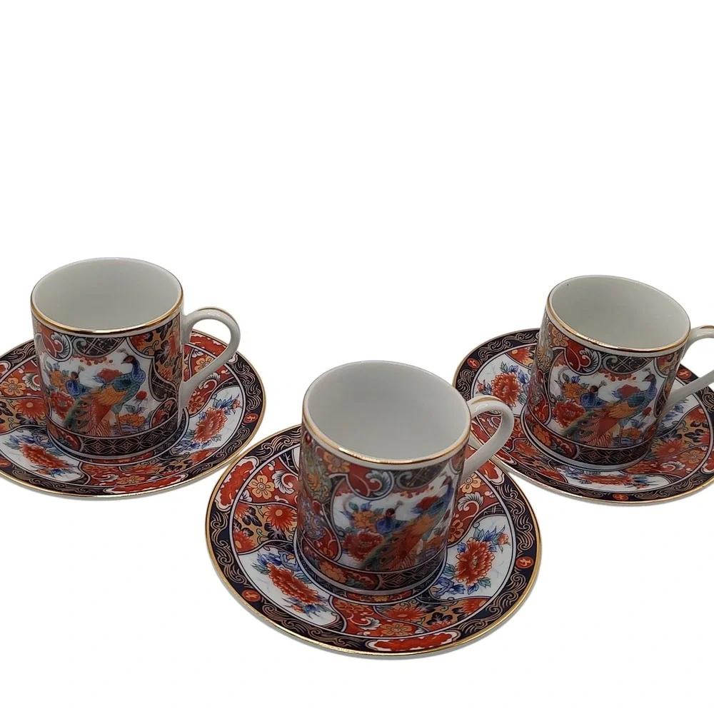 Vintage‎ Japanese Imari Arita Demitasse Cups Saucers Peacock Handmade Six Pieces